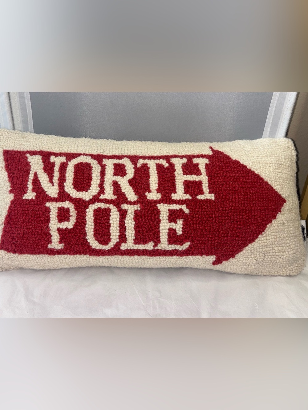 Mud Pie Red and Cream 'North Pole' Hooked Lumbar Pillow